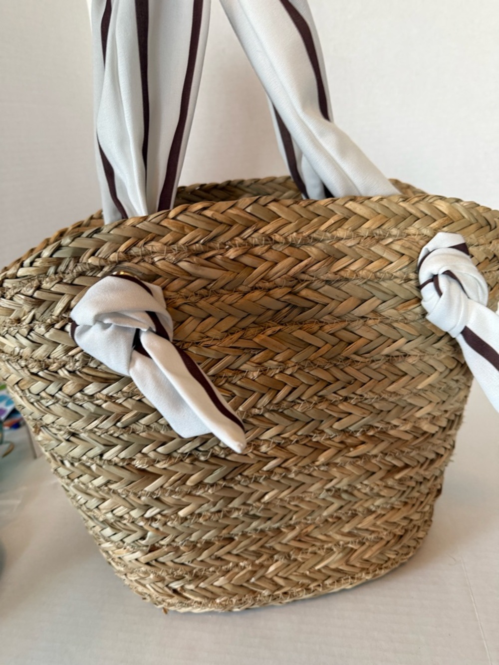 Woven Straw Tote with Cream & Brown Scarf Handles Beach or Pool Bag - Picture 2 of 5